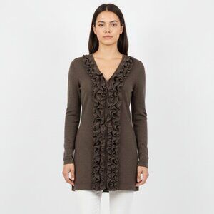 Tribal Brown ruffle Front Long Zip Up Sleeve Duster Cardigan Sweater M